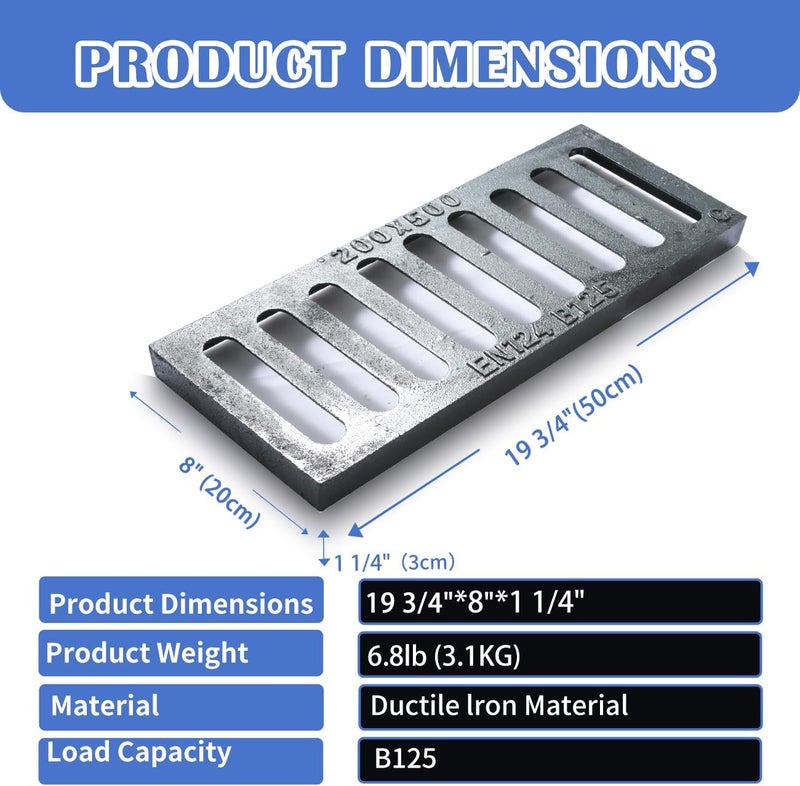 Facoba Cast Iron Drain Grate, 8 * 20in Outdoor Drain Cover, B125 Class Ductile Iron Channel Drainage Grates, Heavy Duty Sewer Grate,Black Rectangle Drain Grate for Yard,Driveway,Concrete Floor. - Image 2